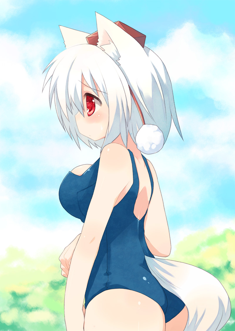 toba hiyoko, inubashiri momiji, touhou, silver hair, 1girl, animal ears, breasts, female focus, hat, large breasts, one-piece swimsuit, red eyes, school swimsuit, short hair, solo, swimsuit, tail, tokin hat, wolf ears, wolf tail