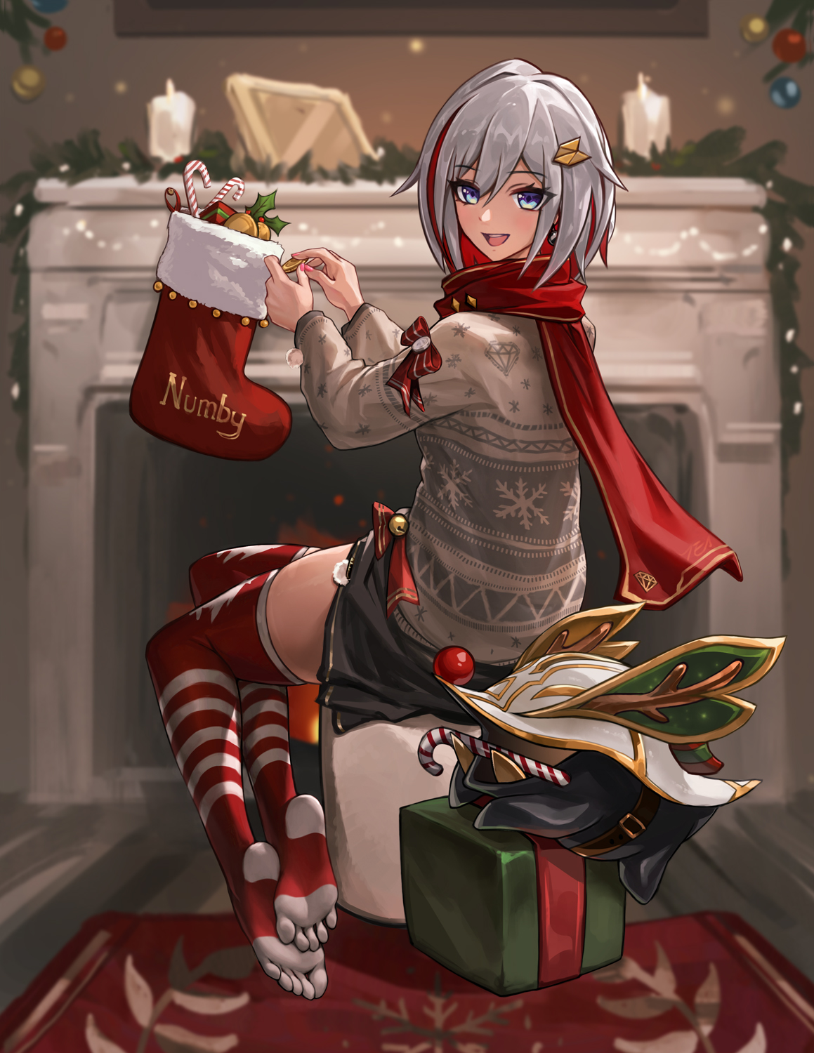 imdrunkontea, numby (honkai: star rail), topaz (honkai: star rail), trotter (honkai: star rail), honkai: star rail, honkai (series), highres, 1girl, blue eyes, christmas, christmas stocking, christmas sweater, coin, colored inner hair, fireplace, gold coin, grey hair, looking at viewer, multicolored hair, no shoes, red hair, scarf, short hair, sitting, streaked hair, thighhighs