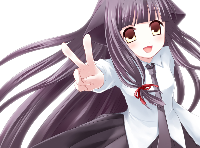 fummy, makoto (nozokana), nozomi kanaetamae ~daydream construct~, original, 1girl, animal ears, black hair, brown eyes, cat ears, female focus, long hair, necktie, ribbon, smile, solo, v