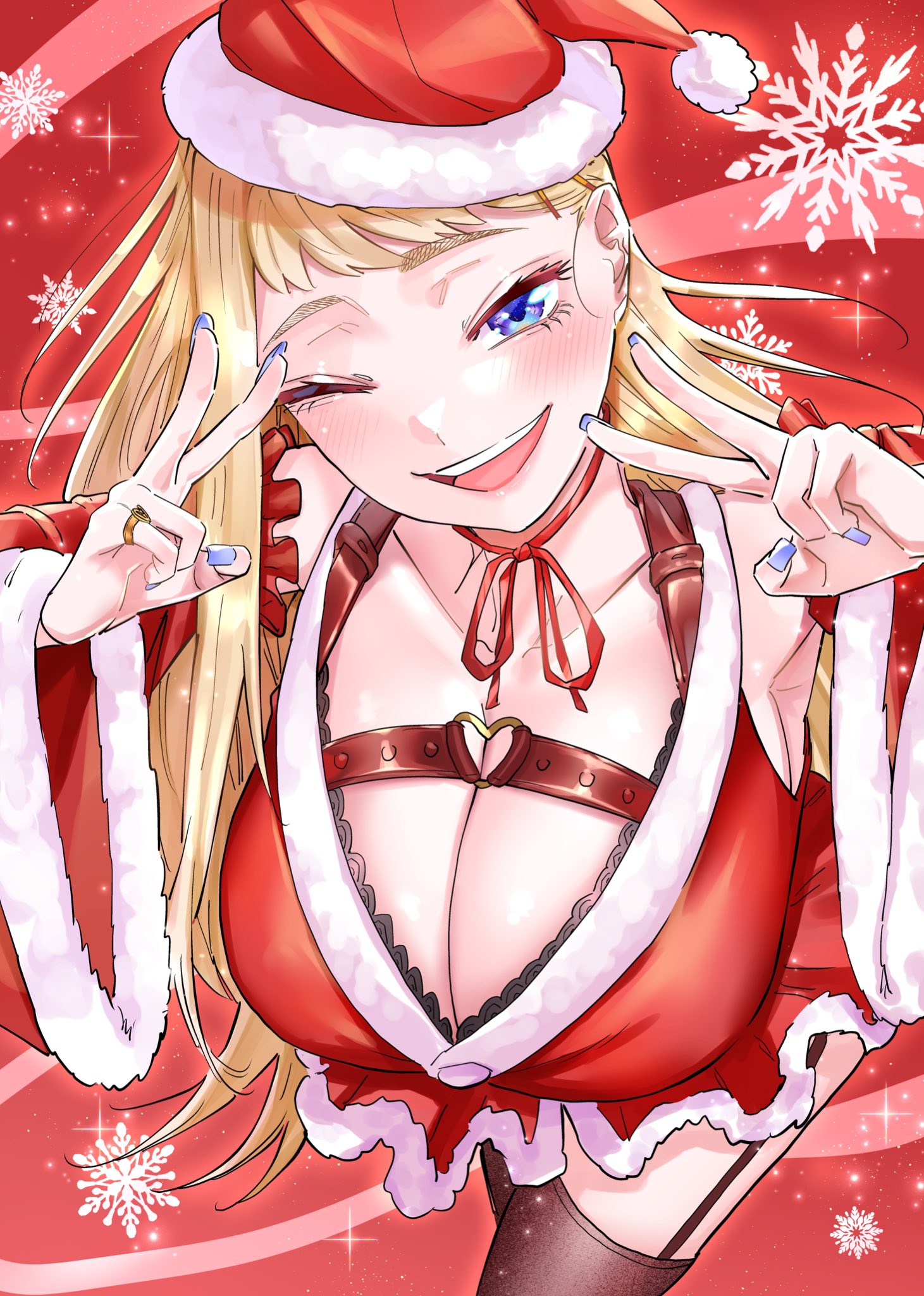 ikada kai, fuyuki minami, dosanko gal wa namaramenkoi, commentary request, highres, 1girl, blonde hair, blue eyes, blush, breasts, christmas, cleavage, dress, hat, large breasts, long hair, looking at viewer, red hat, smile, solo, thighhighs