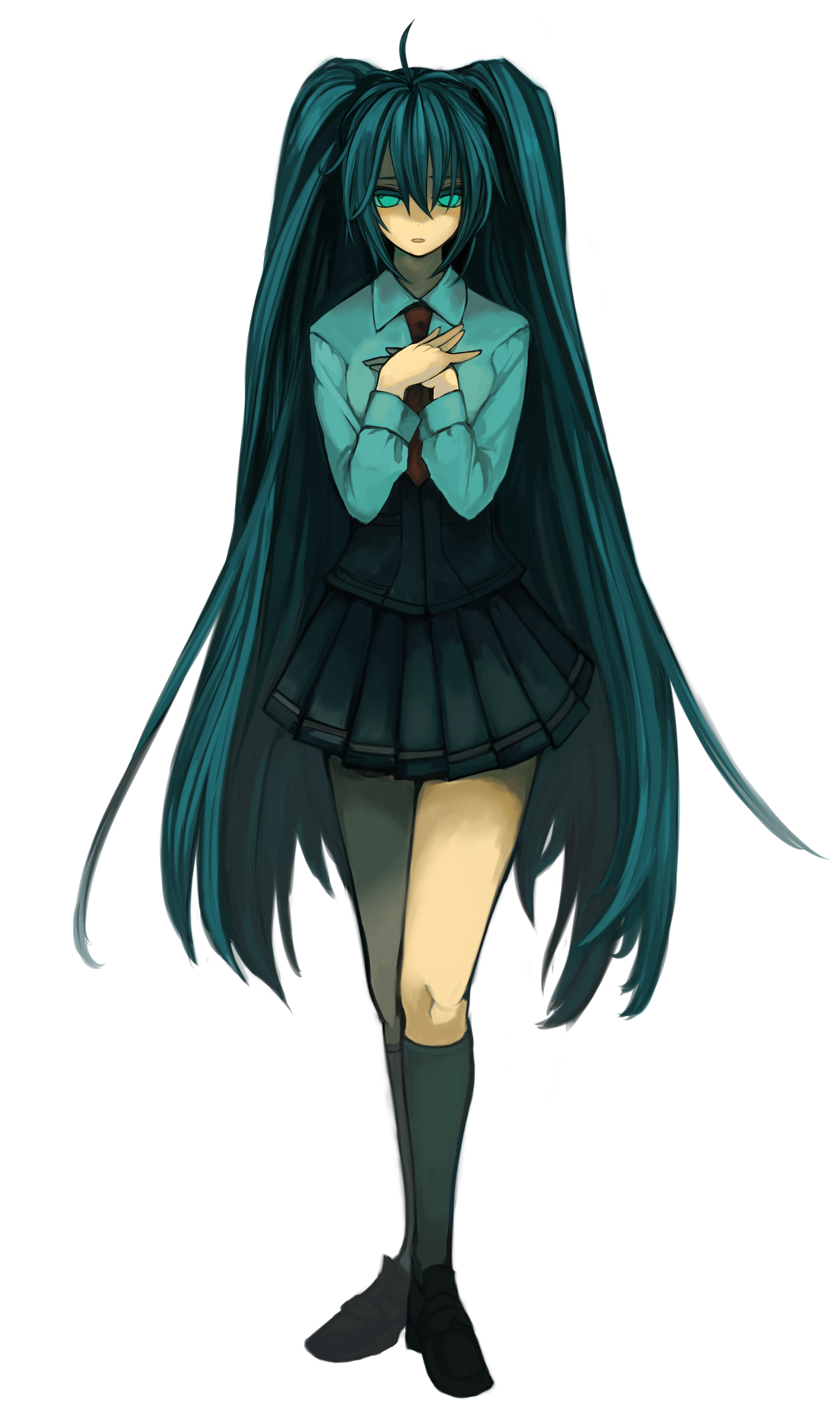 ukai saki, hatsune miku, kusari no shoujo (vocaloid), vocaloid, black legwear, grey legwear, absurdres, highres, 1girl, absurdly long hair, anniversary, aqua eyes, aqua hair, aqua shirt, bare legs, birthday, black shoes, black skirt, blue eyes, blue hair, blush, collared shirt, female focus, full body, green eyes, green hair, hand on own chest, happy birthday, long hair, looking at viewer, matching hair/eyes, miniskirt, necktie, office lady, own hands together, parted lips, plaid clothes, plaid skirt, pleated, pleated skirt, red necktie, shirt, shoes, simple background, skirt, smile, solo, twintails, very long hair, white background