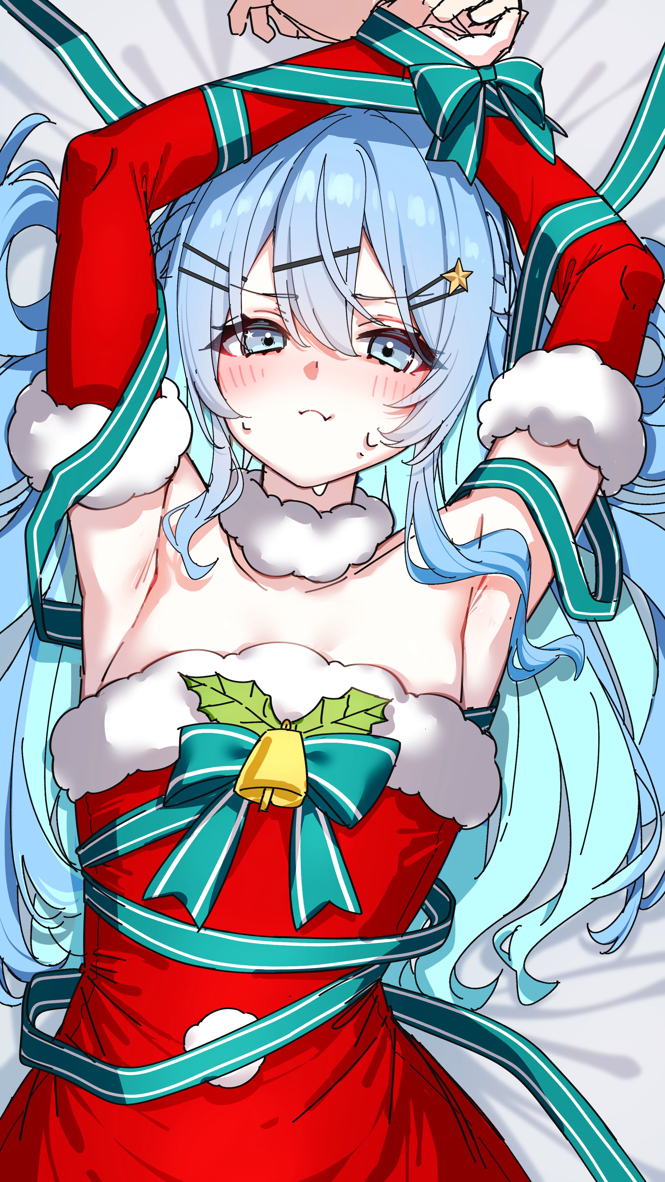 darjeeling (reley), hoshimachi suisei, hololive, absurdres, commentary request, highres, 1girl, armpits, arms up, asymmetrical sidelocks, bell, blue eyes, blue hair, bound, bound wrists, braid, chest bow, closed mouth, colored inner hair, double-parted bangs, dress, flat chest, fur-trimmed dress, fur-trimmed sleeves, fur collar, fur trim, hair between eyes, hair ornament, hairclip, long hair, looking at viewer, multicolored hair, parallel hairclips, red dress, red sleeves, santa costume, santa dress, side braids, sidelocks, sleeveless, sleeveless dress, solo, star (symbol), star in eye, strapless, strapless dress, symbol in eye, virtual youtuber