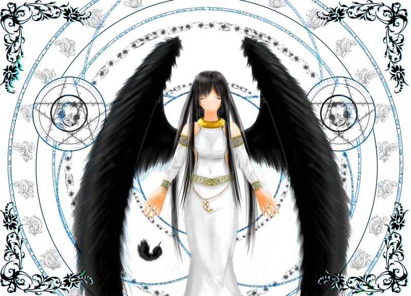 morrighan, mabinogi, black hair, closed eyes, feathers, long hair, solo, wings
