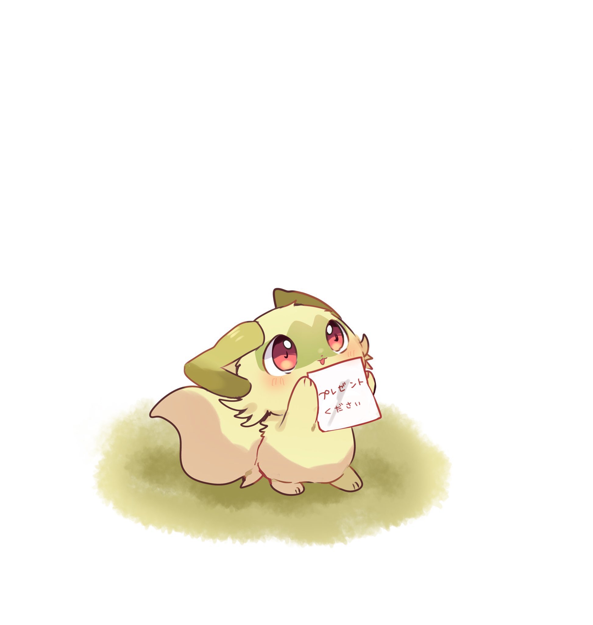 yupo 0322, sprigatito, nintendo, pokemon, commentary request, highres, animal focus, blush, cat, green fur, holding, holding paper, no humans, paper, pokemon (creature), pokemon focus, red eyes, tail, tongue, tongue out