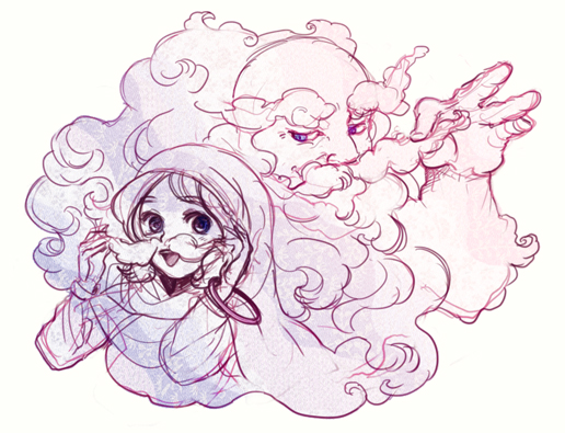 ruto (petatann), kumoi ichirin, unzan, touhou, 1boy, 1girl, blue eyes, bracelet, facial hair, hood, jewelry, monochrome, mustache, ring, spot color