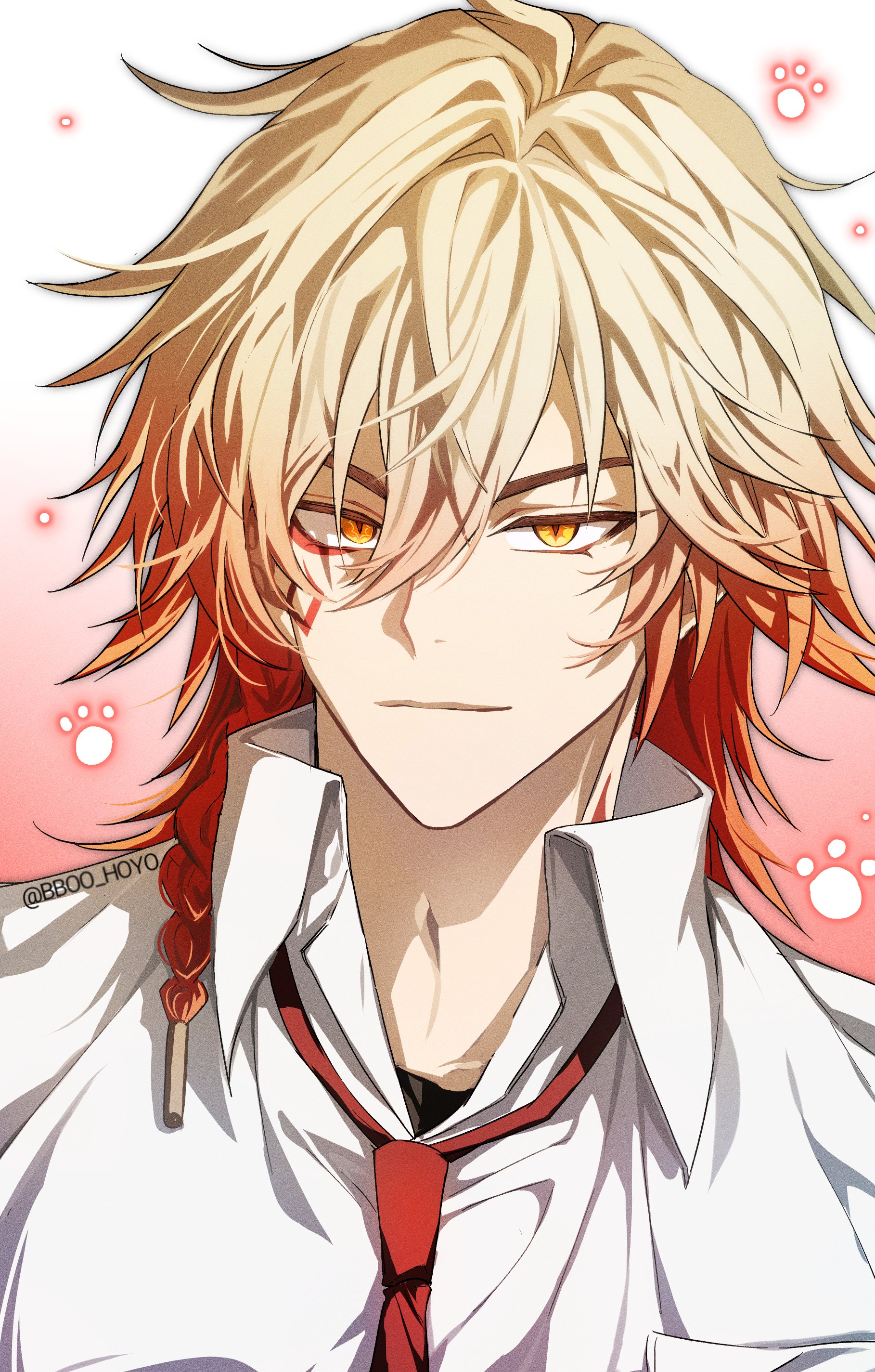 bboo hoyo, mydei (honkai: star rail), honkai: star rail, honkai (series), absurdres, hashtag-only commentary, highres, 1boy, blonde hair, braid, collared shirt, facial tattoo, gradient hair, looking at viewer, male focus, medium hair, multicolored hair, necktie, red hair, red necktie, red tattoo, school uniform, shirt, side braid, solo, tattoo, twitter username, white shirt, yellow eyes