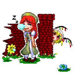 pedoroiya, flandre scarlet, hong meiling, embodiment of scarlet devil, touhou, bad id, bad pixiv id, lowres, 2girls, female focus, hat, multiple girls, nature, outdoors, pixel art, plant, sleeping
