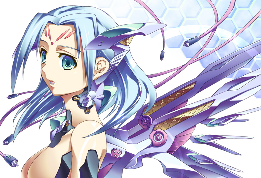 ibuki mana, original, bad id, bad pixiv id, 1girl, blue eyes, blue hair, cable, facepaint, female focus, matching hair/eyes, mecha musume, solo, wings