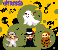 pedoroiya, flandre scarlet, touhou, bad id, bad pixiv id, lowres, 4girls, animal costume, chibi, clone, female focus, ghost, halloween, hat, jack-o'-lantern, multiple girls, pixel art, pumpkin