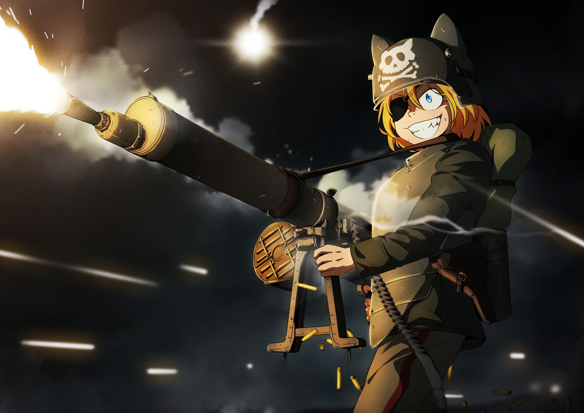 mrxinom, original, 1girl, animal ears, armor, blonde hair, blue eyes, canister, combat helmet, eyepatch, finger on trigger, flare, gun, gunfire, helmet, holster, machine gun, maxim gun, mg08, mg08/15, military, military uniform, pants, shell casing, shooting star, skull and crossbones, stahlhelm, weapon, world war i