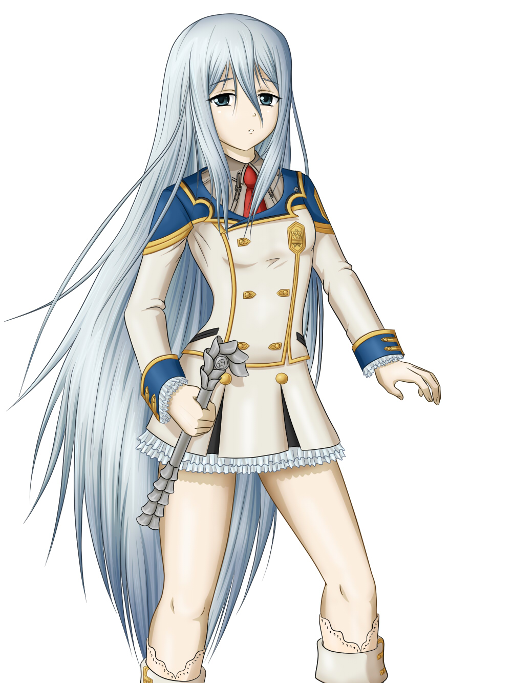 personal ami, felli loss, koukaku no regios, highres, self-upload, 1girl, absurdly long hair, blue eyes, blue hair, breasts, female focus, frilled skirt, frills, knees, long hair, long sleeves, nose, skirt, small breasts, solo, very long hair, white hair