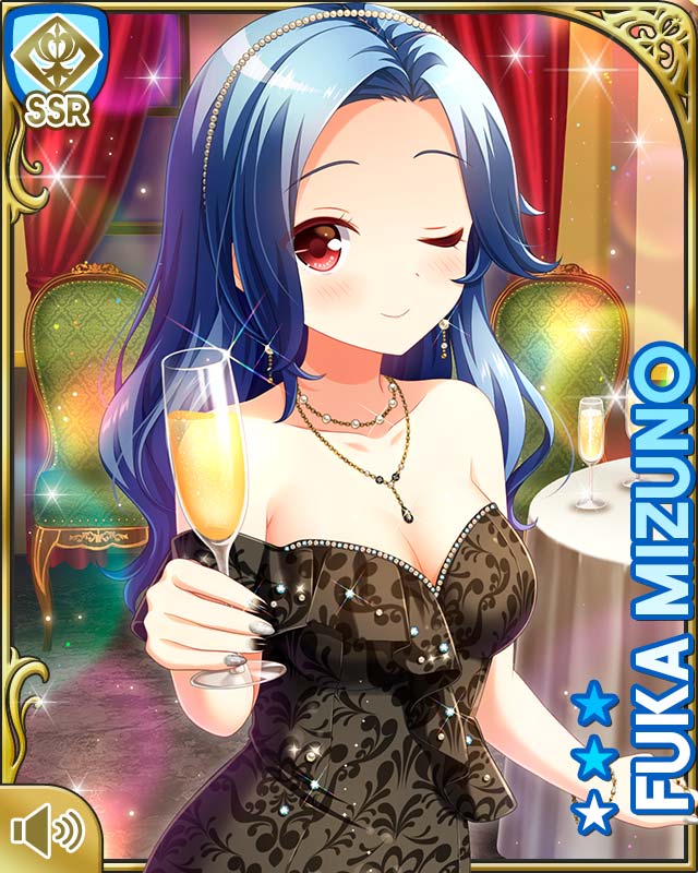 qp:flapper, mizuno fuka, girlfriend (kari), official art, tagme, 1girl, bare shoulders, black dress, blue hair, breasts, card, character name, cleavage, closed mouth, cup, dress, drinking glass, holding, indoors, jewelry, necklace, night, one eye closed, pen, ponytail, red eyes, smile, teacher, wine glass, wink