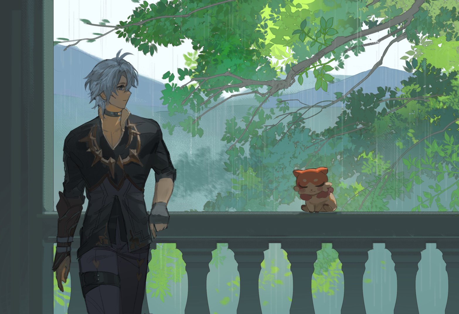 kiraandfriends, chimera (honkai: star rail), mydei (fig stew) (honkai: star rail), mydei (honkai: star rail), phainon (honkai: star rail), honkai: star rail, honkai (series), commentary, english commentary, 1boy, antenna hair, armor, black choker, black gloves, black shirt, blue eyes, choker, coat, fingerless gloves, gloves, looking to the side, male focus, neck tattoo, parted bangs, pauldrons, profile, rain, shirt, short hair, shoulder armor, single pauldron, solo, sun symbol, sun tattoo, tan, tattoo, white coat, white hair