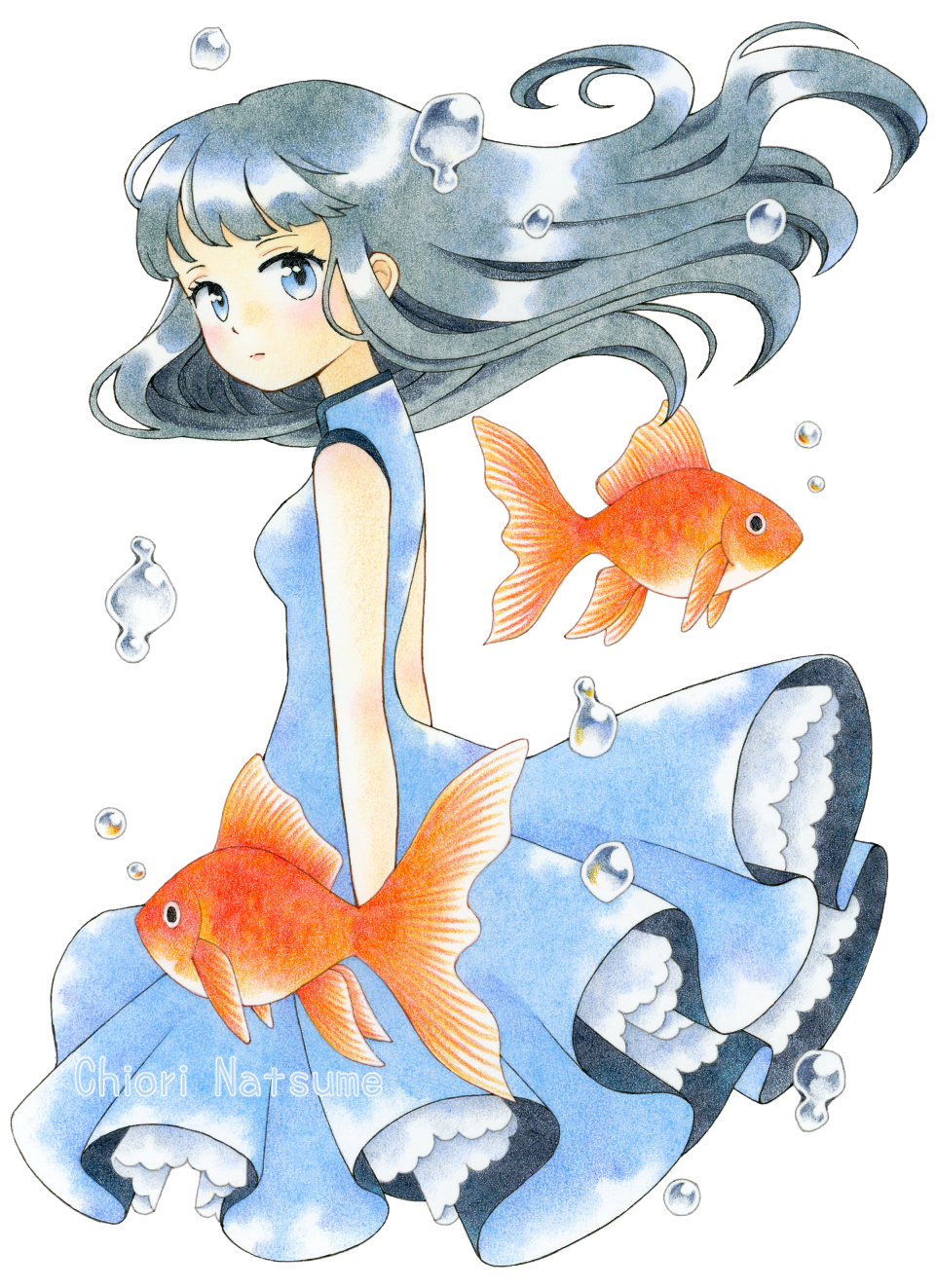 chiori n, original, colored pencil (medium), commentary request, highres, traditional media, 1girl, blue dress, blue eyes, breasts, dress, expressionless, fish, floating hair, goldfish, grey hair, looking at viewer, small breasts, solo, water
