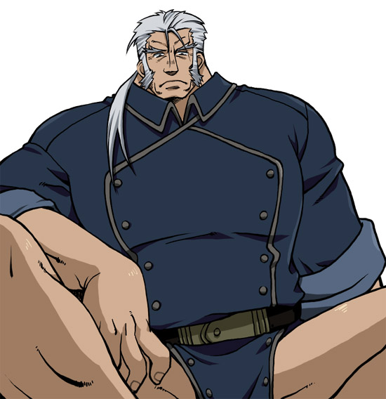fullmetal alchemist, 00s, 1boy, bara, bottomless, male focus, muscular, simple background, solo, white background, white hair