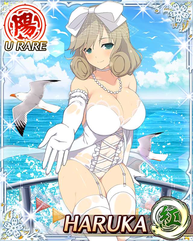 haruka (senran kagura), senran kagura, senran kagura new wave, game cg, official art, third-party source, 1girl, bird, boat, border, bow, breasts, bridal legwear, bridal lingerie, bride, brown hair, card (medium), character name, choker, closed mouth, cloud, covered navel, curled ends, day, elbow gloves, garter straps, gloves, green eyes, hair bow, jewelry, lace, lace-trimmed thighhighs, lace trim, large breasts, light blush, lingerie, looking at viewer, medium hair, navel, necklace, ocean, on railing, panties, pearl necklace, railing, reaching, reaching towards viewer, seagull, sitting, skindentation, smile, solo, splashing, swept bangs, thighhighs, underwear, watercraft, wet, white bow, white choker, white garter straps, white panties, white thighhighs, yacht