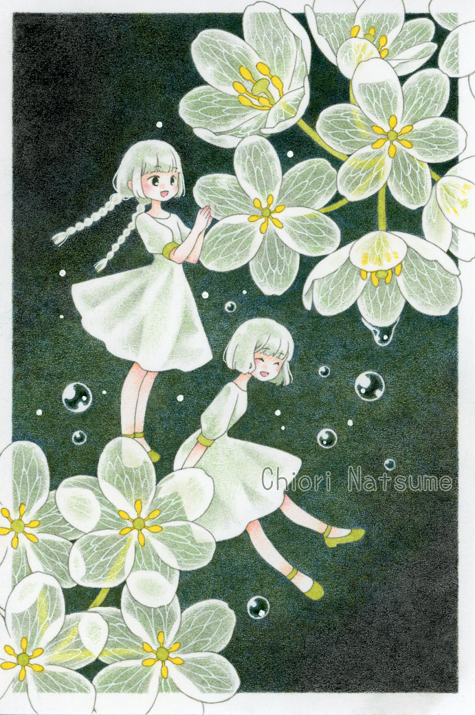 chiori n, original, colored pencil (medium), commentary request, traditional media, 2girls, braid, closed eyes, dress, flower, full body, long hair, mini person, minigirl, multiple girls, open mouth, short hair, skeleton flower (plant), smile, twin braids, water drop, white dress, white hair