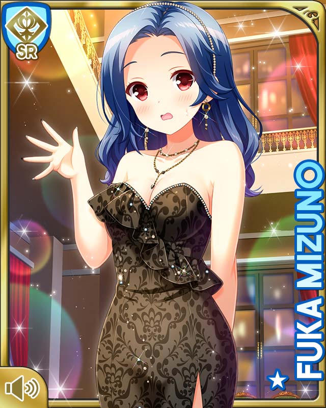 qp:flapper, mizuno fuka, girlfriend (kari), official art, tagme, 1girl, :o, bare shoulders, black dress, blue hair, breasts, card, character name, cleavage, dress, indoors, jewelry, necklace, night, open mouth, pen, ponytail, red eyes, teacher