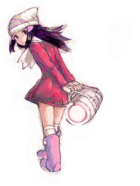 yo mo, dawn (pokemon), nintendo, pokemon, pokemon dppt, bad id, bad pixiv id, 00s, 1girl, alternate costume, bag, beanie, boots, duffel bag, female focus, full body, hair ornament, hat, kneehighs, long hair, pink boots, purple eyes, purple hair, scarf, simple background, socks, solo, standing, white background, white scarf, winter clothes