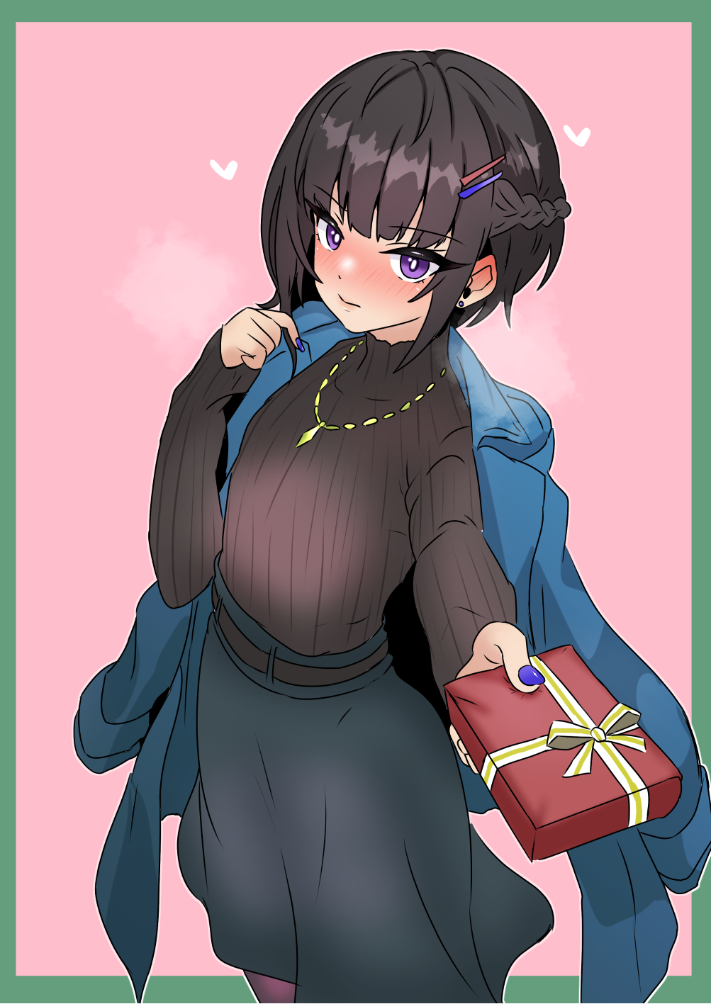 hiroshi (01kanata), shirayuki chiyo, idolmaster, idolmaster cinderella girls, commentary request, highres, 1girl, aqua coat, black hair, black skirt, black sweater, blunt bangs, blush, border, box, braid, bright pupils, coat, coat on shoulders, earrings, fingernails, gift, gift box, green border, half up braid, heart, holding, holding box, incoming gift, jewelry, long sleeves, looking at viewer, nail polish, necklace, pink background, purple eyes, purple nails, ribbed sweater, short hair, simple background, skirt, solo, stud earrings, sweater, sweater tucked in, white pupils