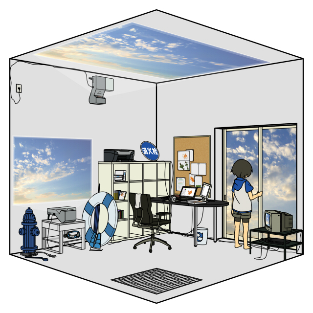 uewtsol, ruri (uewtsol), akg, original, 1girl, barefoot, black hair, chair, cloud, computer, computer keyboard, diving mask, female focus, fire hydrant, flippers, game console, goggles, headphones, innertube, laptop, oil-paper umbrella, playstation 2, printer, projector, raglan sleeves, short hair, sky, solo, swim ring, television, trash can, umbrella