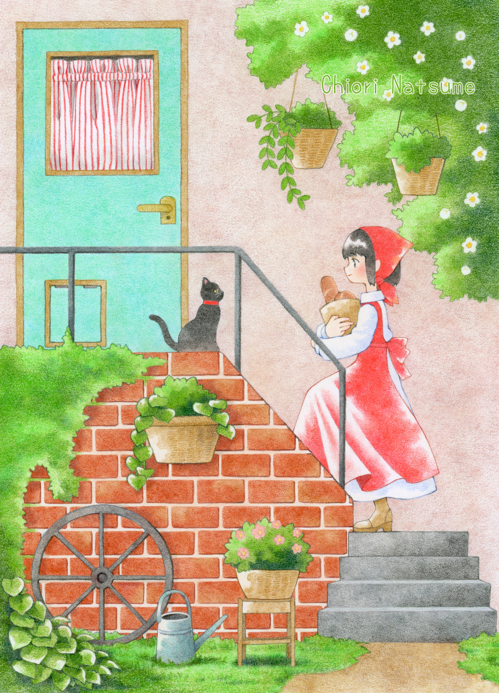 chiori n, original, colored pencil (medium), commentary request, highres, traditional media, 1girl, black hair, boots, bread, brick wall, cat, dress, food, grass, headscarf, plant, potted plant, profile, short hair, smile, stairs, watering can