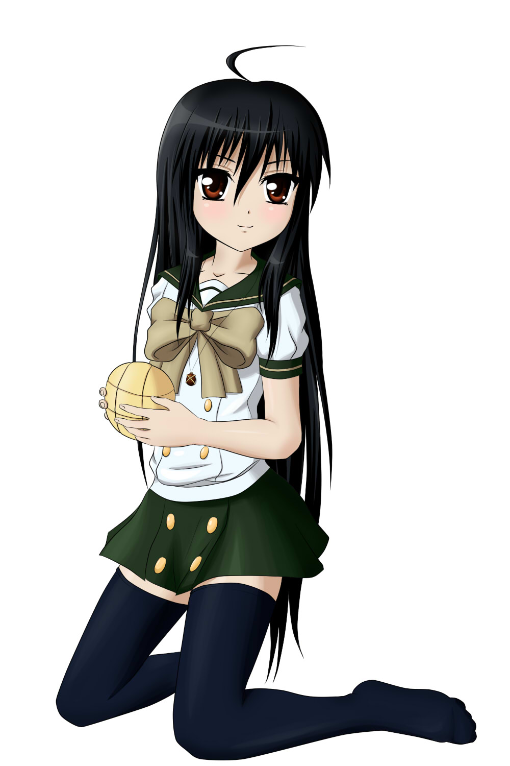 personal ami, alastor (shakugan no shana), shana, shakugan no shana, bad id, bad pixiv id, highres, self-upload, 00s, 1girl, ahoge, black hair, bread, brown eyes, feet, food, jewelry, kneeling, long hair, melon bread, necklace, no shoes, pendant, smile, thighhighs, zettai ryouiki