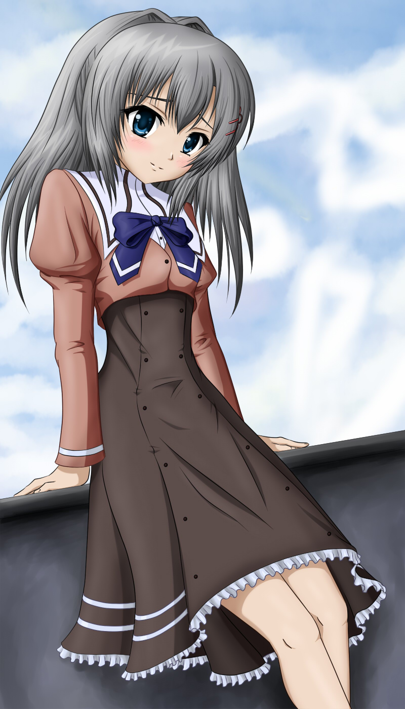 personal ami, katagiri yuuhi, akane-iro ni somaru saka, highres, self-upload, 1girl, blue eyes, blush, cloud, dress, female focus, grey hair, hair between eyes, long hair, school uniform, sitting, sky, smile, solo