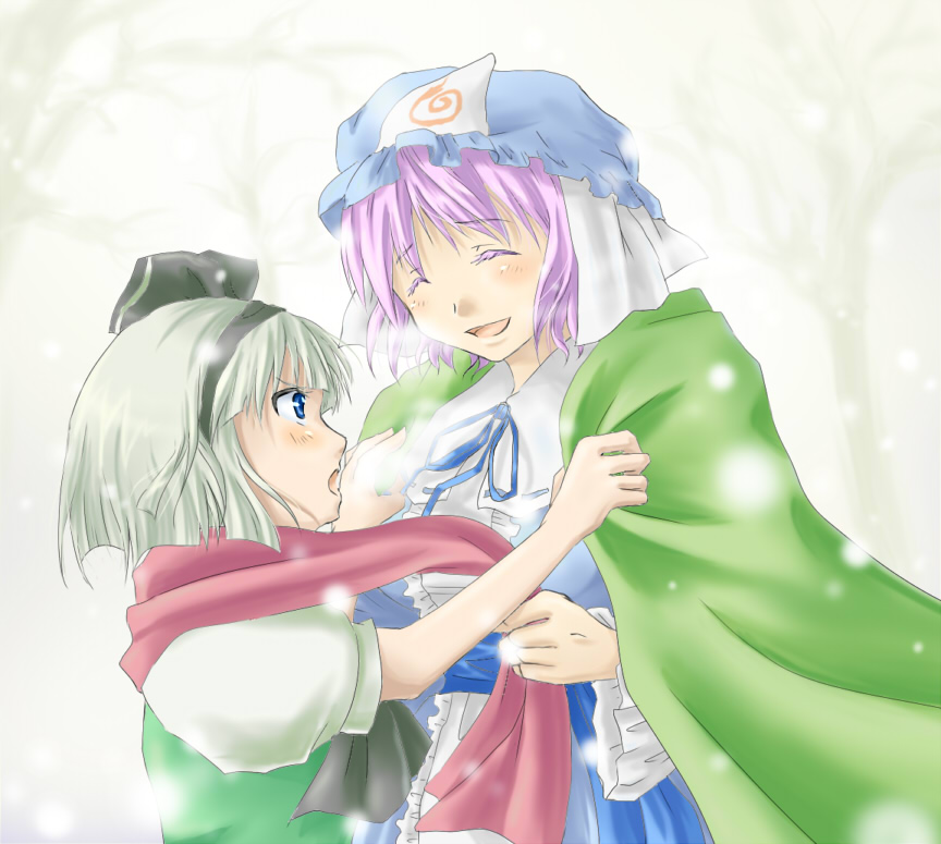 toryuube, konpaku youmu, saigyouji yuyuko, touhou, bad id, bad pixiv id, 2girls, female focus, hat, multiple girls, scarf, snow