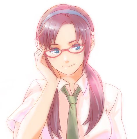 knhl, makinami mari illustrious, evangelion: 2.0 you can (not) advance, neon genesis evangelion, rebuild of evangelion, lowres, 00s, 1girl, blue eyes, brown hair, female focus, glasses, hairband, long hair, necktie, school uniform, simple background, solo, twintails, white background
