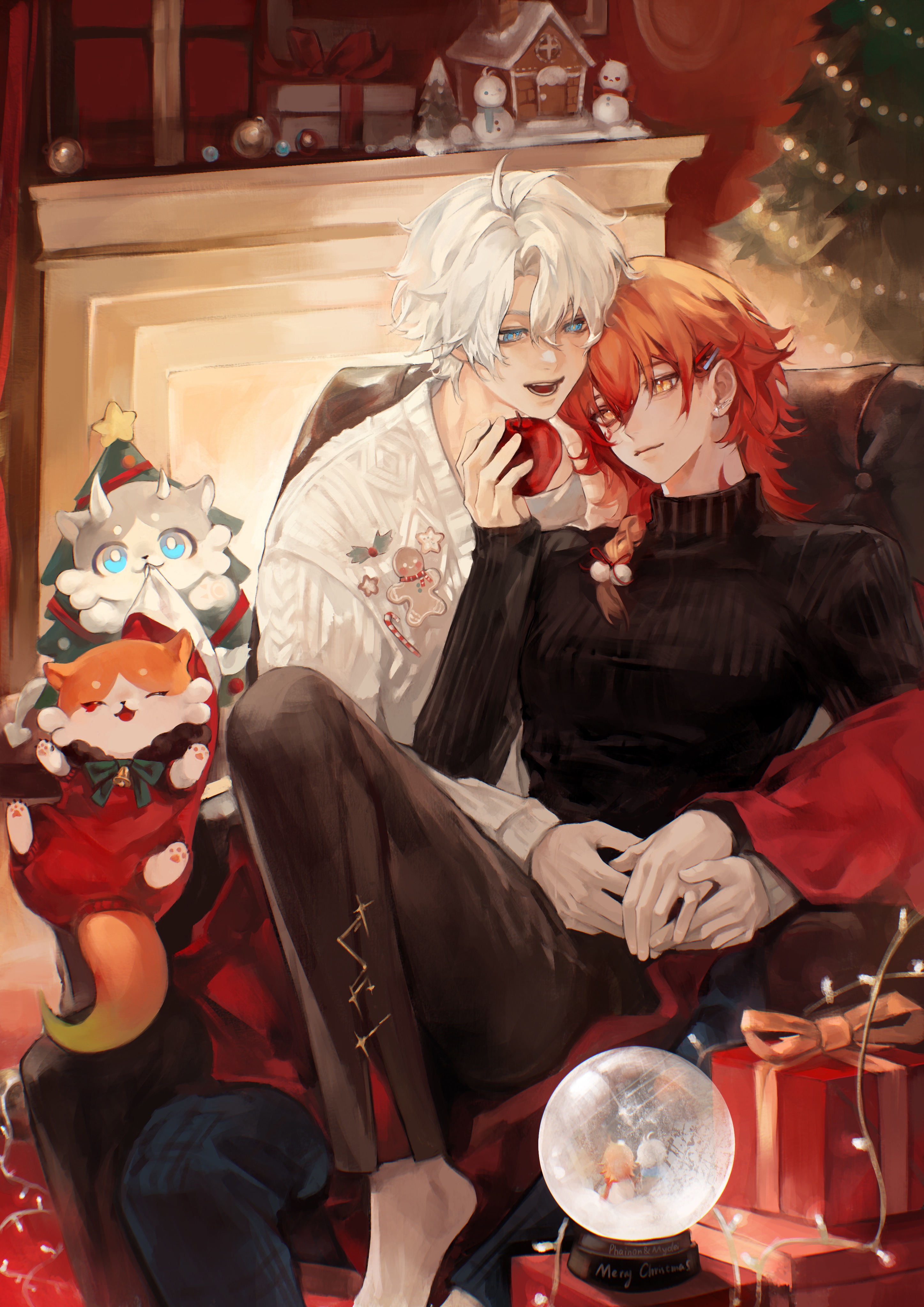 chimera (honkai: star rail), mydei (fig stew) (honkai: star rail), mydei (honkai: star rail), phainon (honkai: star rail), phainon (vigethos) (honkai: star rail), honkai: star rail, honkai (series), absurdres, chinese commentary, commentary request, highres, 2boys, antenna hair, apple, black pants, black sweater, blonde hair, blue eyes, box, braid, christmas, christmas tree, facial tattoo, food, fruit, gift, gift box, gradient hair, holding, holding food, holding fruit, male focus, medium hair, multicolored hair, multiple boys, neck tattoo, pants, parted bangs, red hair, red tattoo, short hair, side braid, siro0708, snow globe, sweater, tattoo, turtleneck, turtleneck sweater, white hair, white sweater, yaoi, yellow eyes