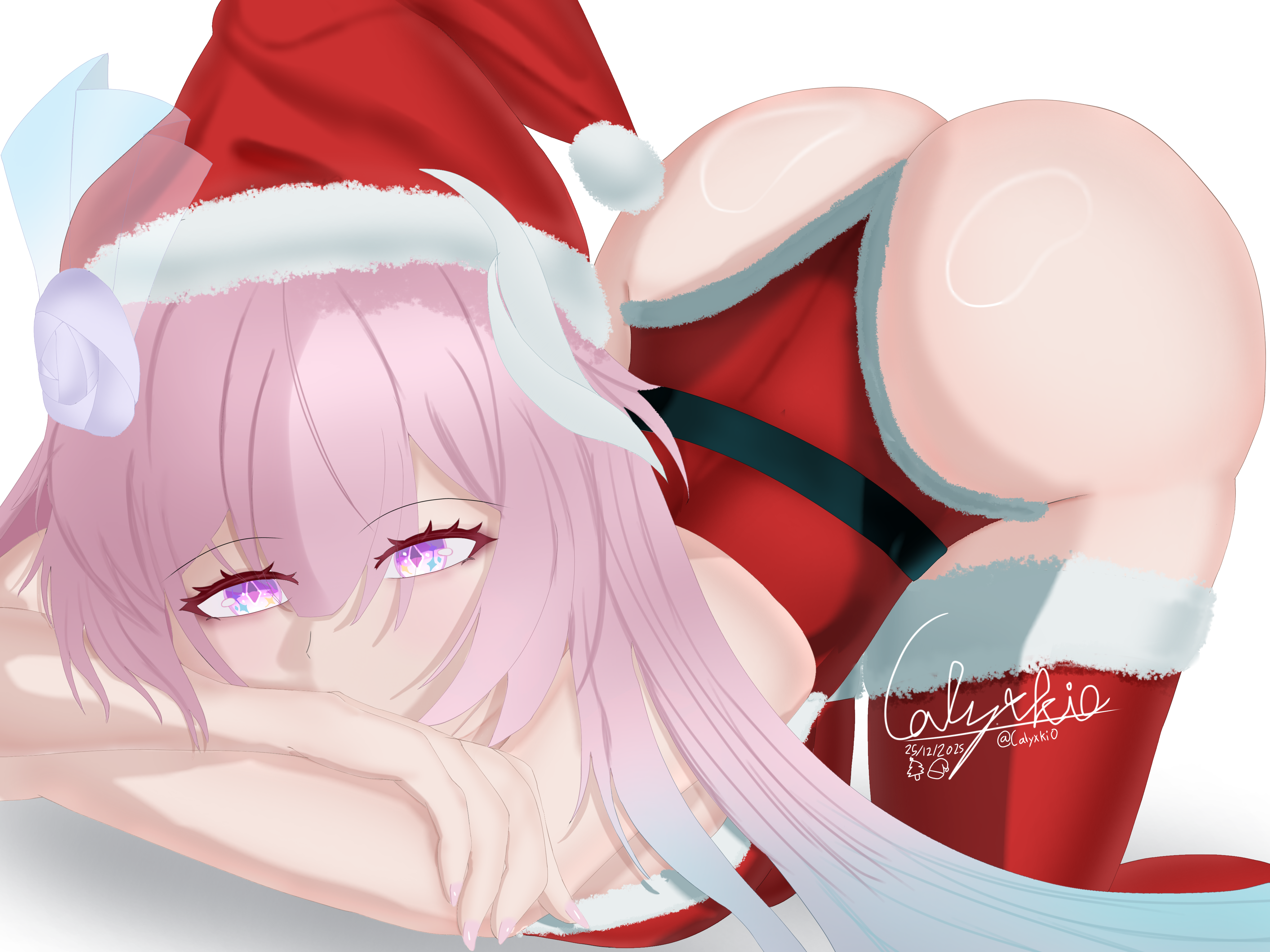cyrene (honkai: star rail), honkai: star rail, honkai (series), absurdres, commentary, english commentary, highres, 1girl, ass, calyxkio, christmas, christmas stocking, hat, santa hat, solo