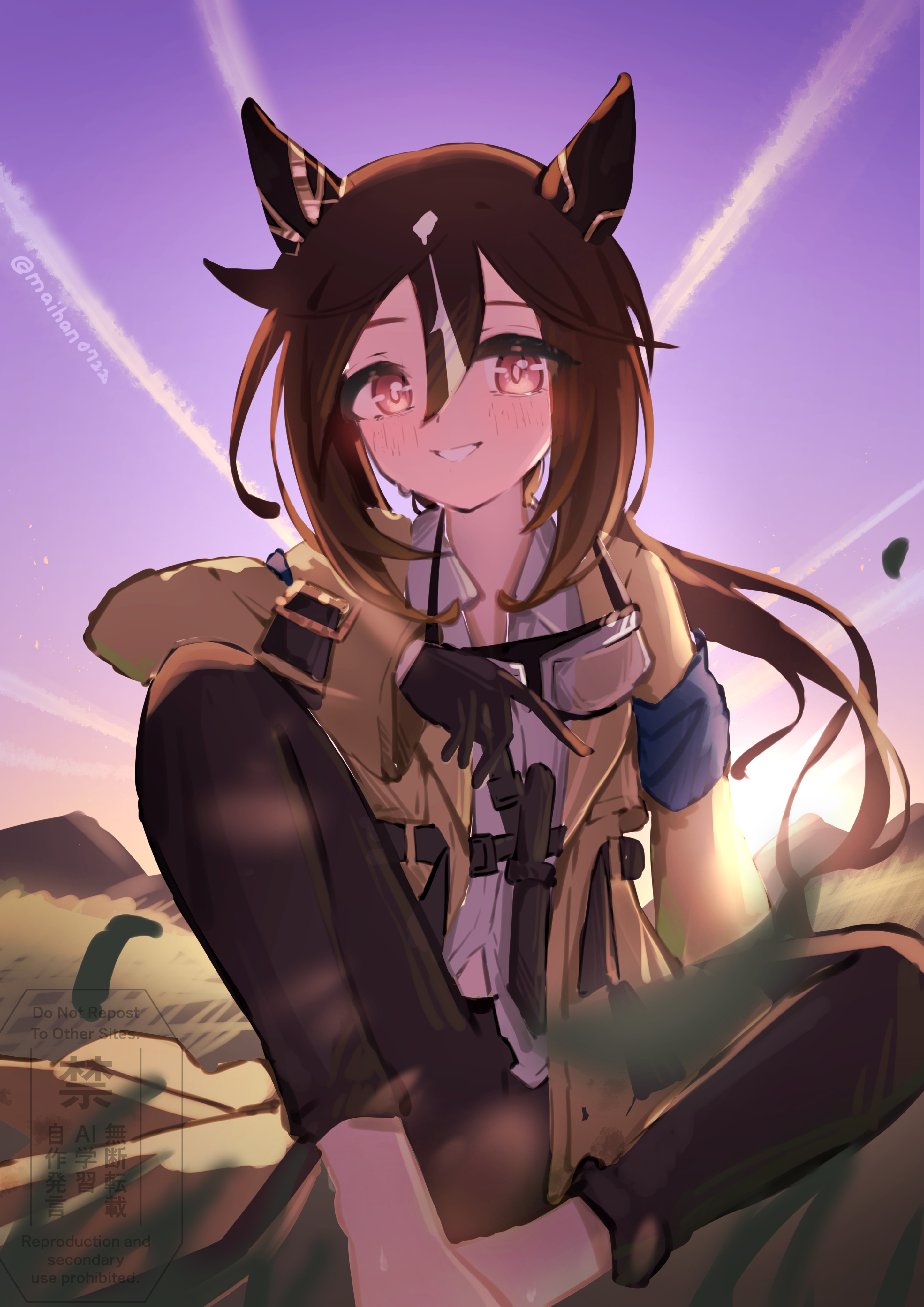 saigyougi, stay gold (umamusume), umamusume, absurdres, commentary request, highres, 1girl, animal ears, black gloves, black hair, black pants, blush, brown eyes, brown hair, coat, ear covers, gloves, goggles, goggles around neck, hair between eyes, horse ears, horse girl, horse tail, knife, knife sheath, long hair, looking at viewer, multicolored hair, open mouth, pants, sheath, shirt, sky, smile, solo, stay gold (sunlit outsider) (umamusume), sweat, tail, teeth, white hair, white shirt, wrist belt, yellow coat