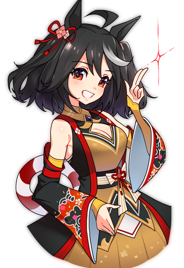 sabum, kitasan black (crowning ooban) (umamusume), kitasan black (umamusume), umamusume, commentary request, 1girl, ahoge, animal ears, bare shoulders, black gem, black hair, blush, bow, breasts, chanchanko (clothes), cleavage, cleavage cutout, clothing cutout, detached sleeves, ear ornament, ear ribbon, flower ornament, gem, grin, hair between eyes, hair ornament, horse ears, horse girl, kouhaku nawa, large breasts, looking at viewer, multicolored hair, open mouth, red eyes, rope, shimenawa, short hair, smile, solo, streaked hair, teeth, white hair