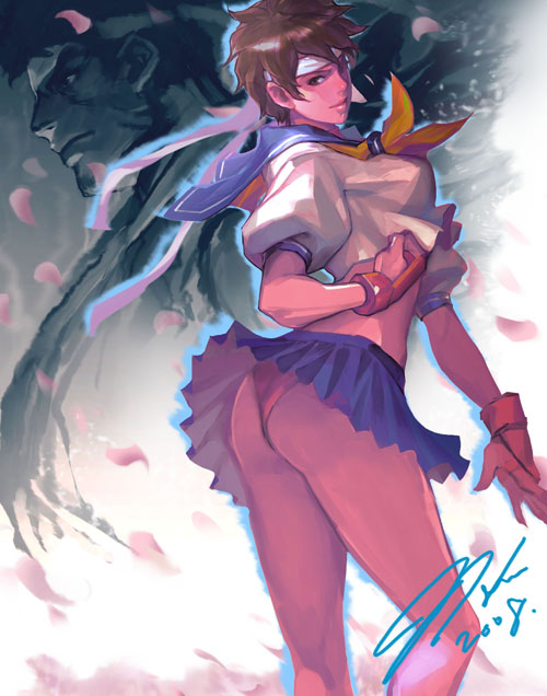 jj (yadz01), kasugano sakura, capcom, street fighter, 1girl, ass, blue sailor collar, brown eyes, brown hair, female focus, fingerless gloves, gloves, headband, panties, pantyshot, sailor collar, school uniform, serafuku, skirt, solo, underwear, upskirt