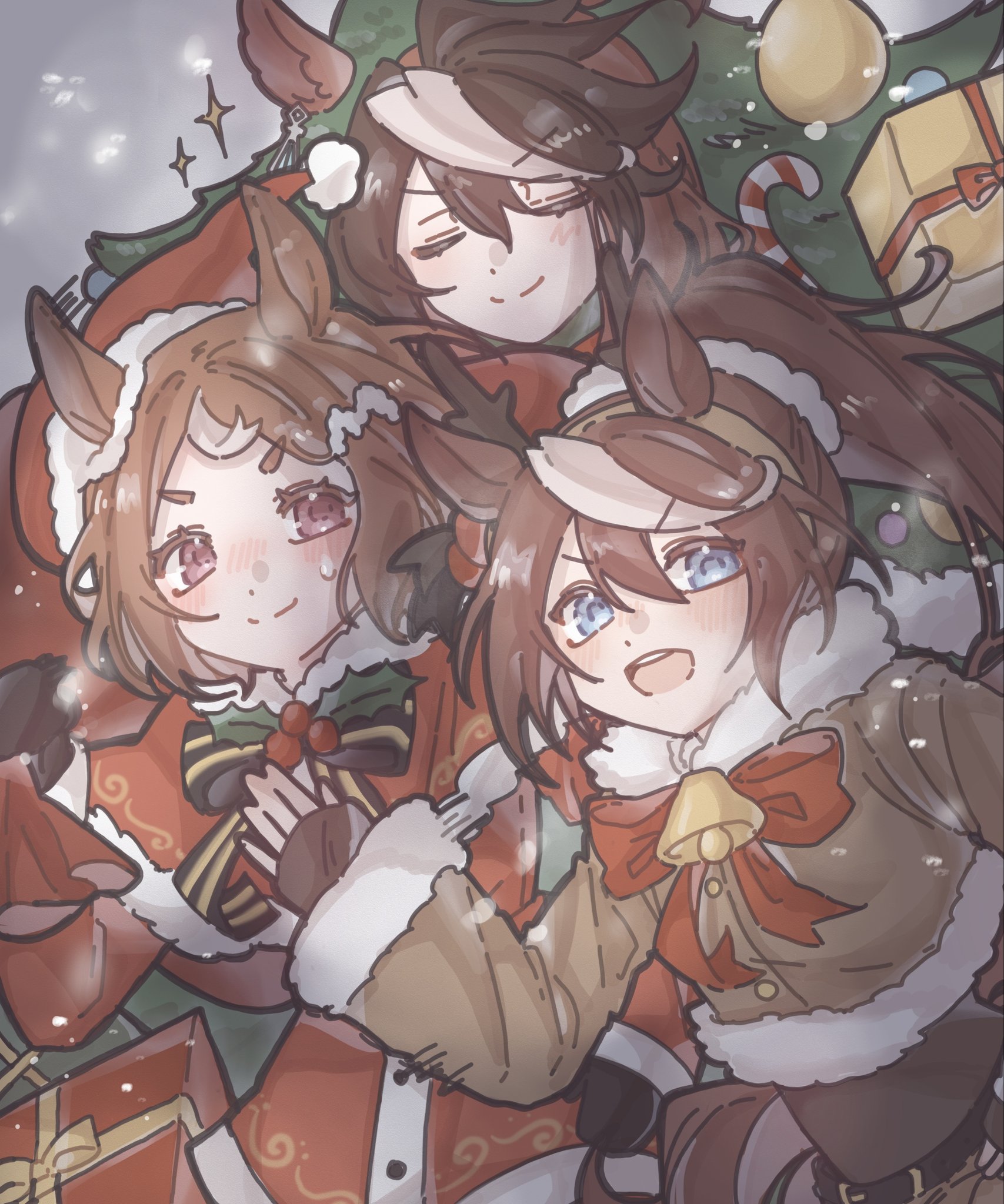symboli rudolf (christmas emperor tree) (umamusume), symboli rudolf (umamusume), tokai teio (umamusume), tsurumaru tsuyoshi (umamusume), umamusume, commentary, english commentary, highres, 3girls, animal costume, animal ears, antlers, bell, black bow, blue eyes, blush, bow, brown hair, candy, candy cane, capelet, christmas, christmas ornaments, christmas tree, christmas tree costume, closed eyes, closed mouth, dress, ears through headwear, fake antlers, food, fur-trimmed dress, fur-trimmed headwear, fur trim, hair between eyes, hat, holly, horns, horse ears, horse girl, jeokpyemaseuteo, long hair, long sleeves, multicolored hair, multiple girls, neck bell, open mouth, ponytail, purple eyes, red capelet, reindeer antlers, reindeer costume, santa costume, santa dress, santa hat, short hair, smile, streaked hair, tree costume, two-tone hair, white hair