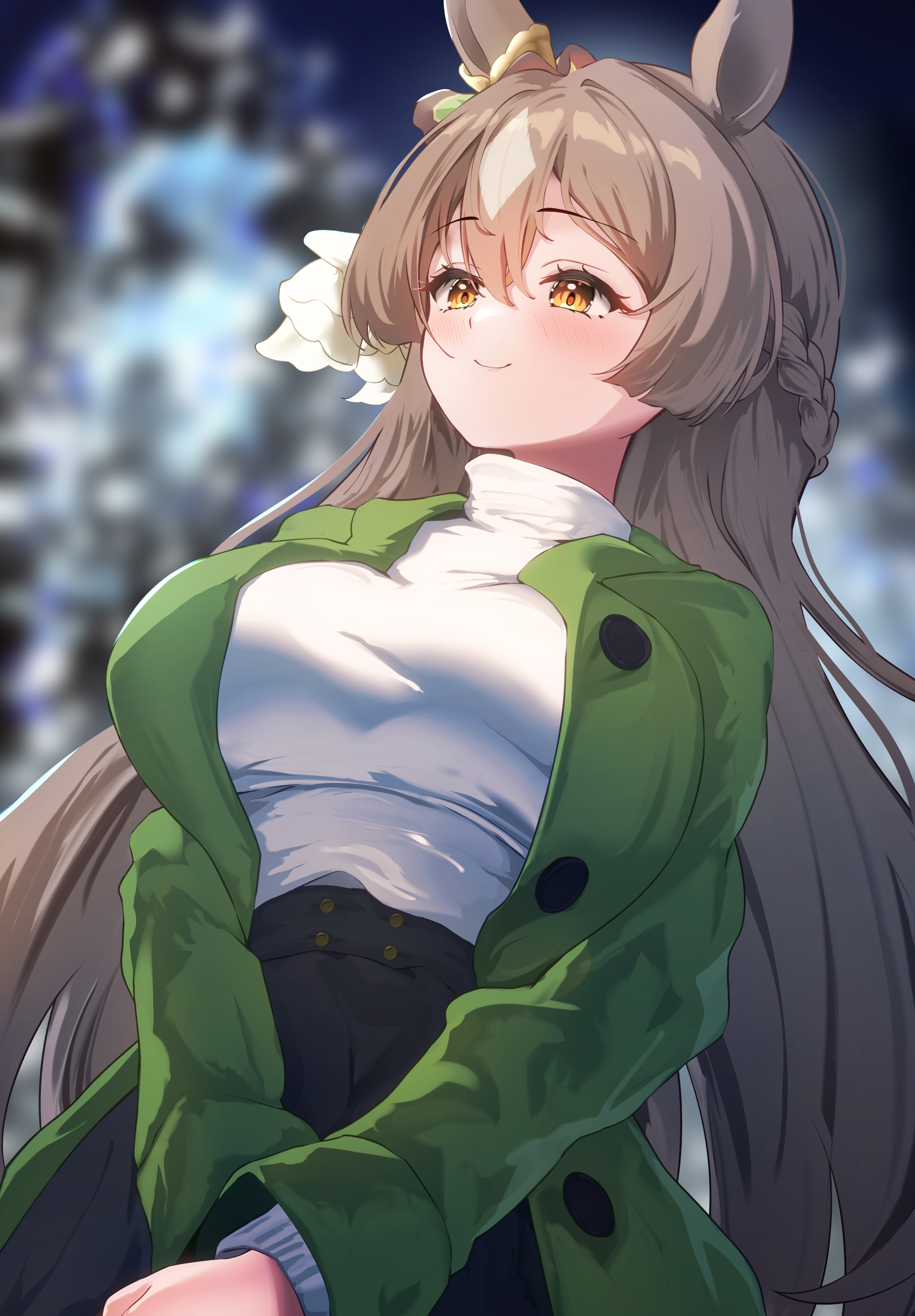 p1 fcoyaa, satono diamond (umamusume), umamusume, absurdres, commentary request, highres, 1girl, animal ears, black skirt, blush, braid, breasts, brown eyes, brown hair, closed mouth, coat, double-parted bangs, ear ornament, green coat, hair between eyes, half up braid, horse ears, horse girl, large breasts, long hair, long sleeves, multicolored hair, open clothes, open coat, skirt, smile, solo, streaked hair, sweater, very long hair, white sweater