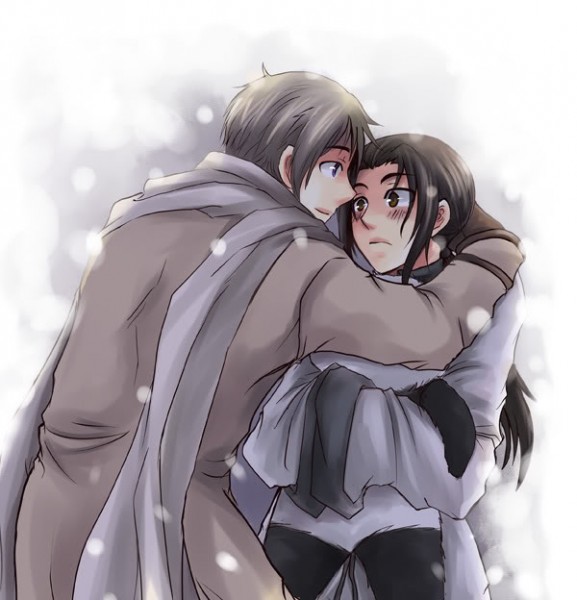 china (hetalia), russia (hetalia), axis powers hetalia, 00s, 2boys, black hair, blonde hair, blush, brown eyes, coat, eye contact, jacket, long hair, looking at another, male focus, multiple boys, panda, ponytail, purple eyes, scarf, snow, yaoi