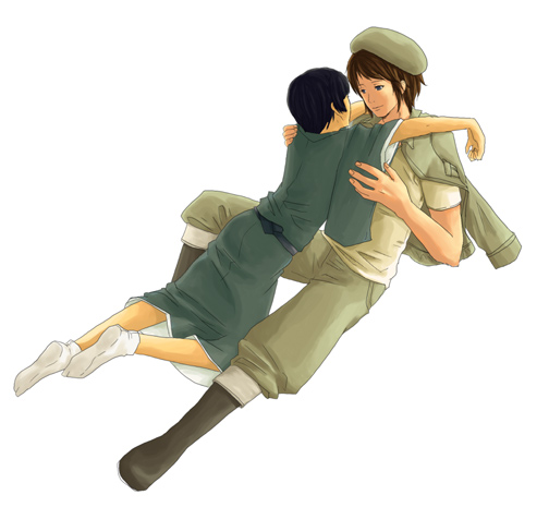 greece (hetalia), japan (hetalia), axis powers hetalia, tagme, 00s, 2boys, beret, black hair, brown hair, eye contact, green eyes, hat, japanese clothes, kimono, looking at another, male focus, military, military uniform, multiple boys, socks, yaoi, yukata