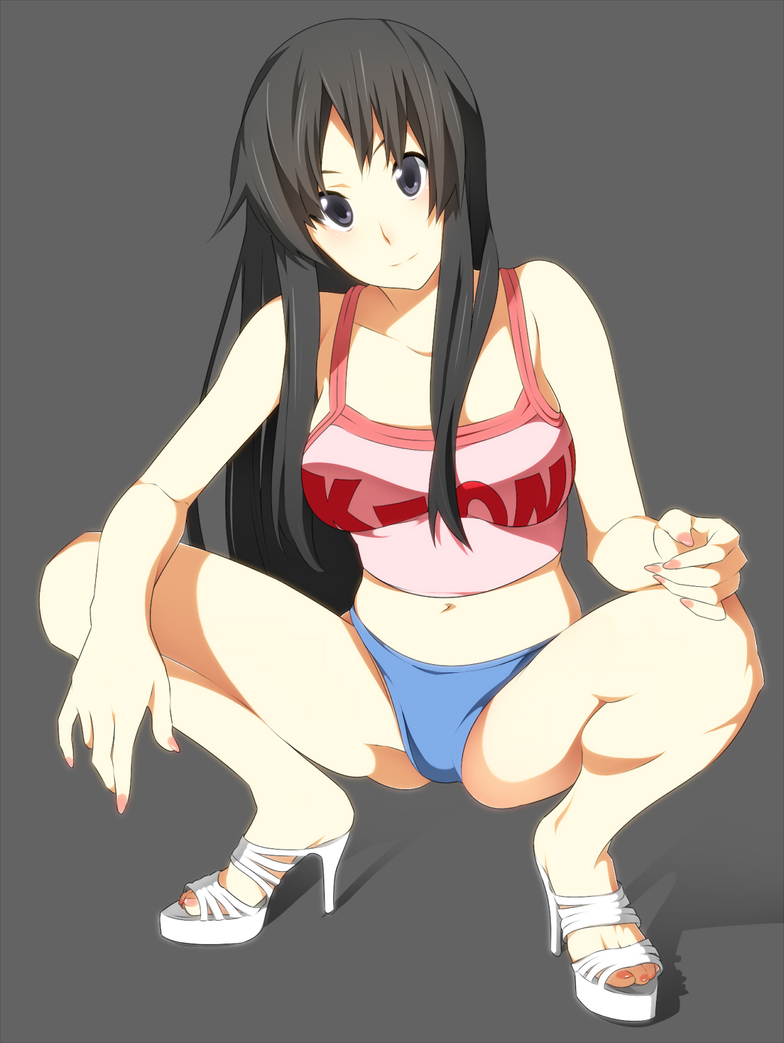nanao (mahaya), akiyama mio, k-on!, bad id, bad pixiv id, highres, 00s, 1girl, bare shoulders, black hair, feet, female focus, grey eyes, high heels, legs, long hair, midriff, navel, shoes, solo, squatting, tank top, toes