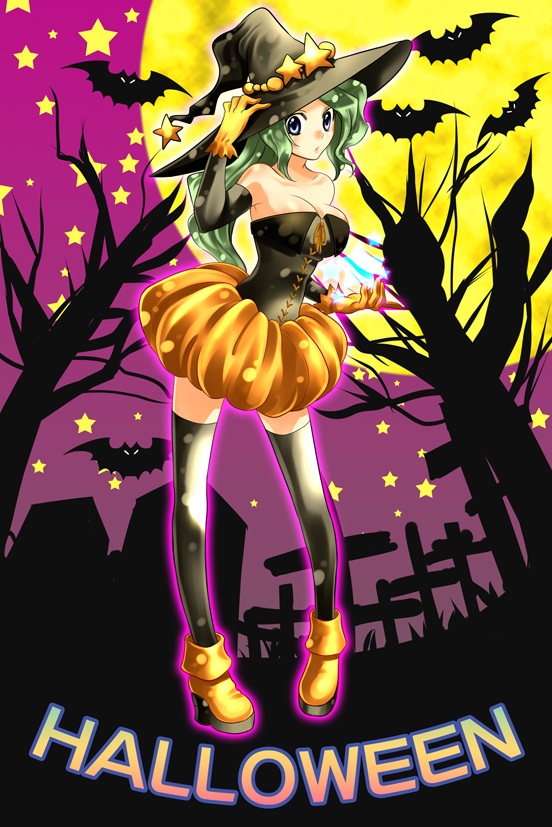 hanamo daiou, tina branford, final fantasy, final fantasy vi, 1990s (style), 1girl, bat (animal), black hat, black shirt, black thighhighs, breasts, bubble skirt, detached sleeves, female focus, full moon, gloves, graveyard, green hair, halloween, hat, medium breasts, moon, orange gloves, orange shoes, orange skirt, retro artstyle, shirt, shoes, skirt, solo, strapless, thighhighs, witch hat