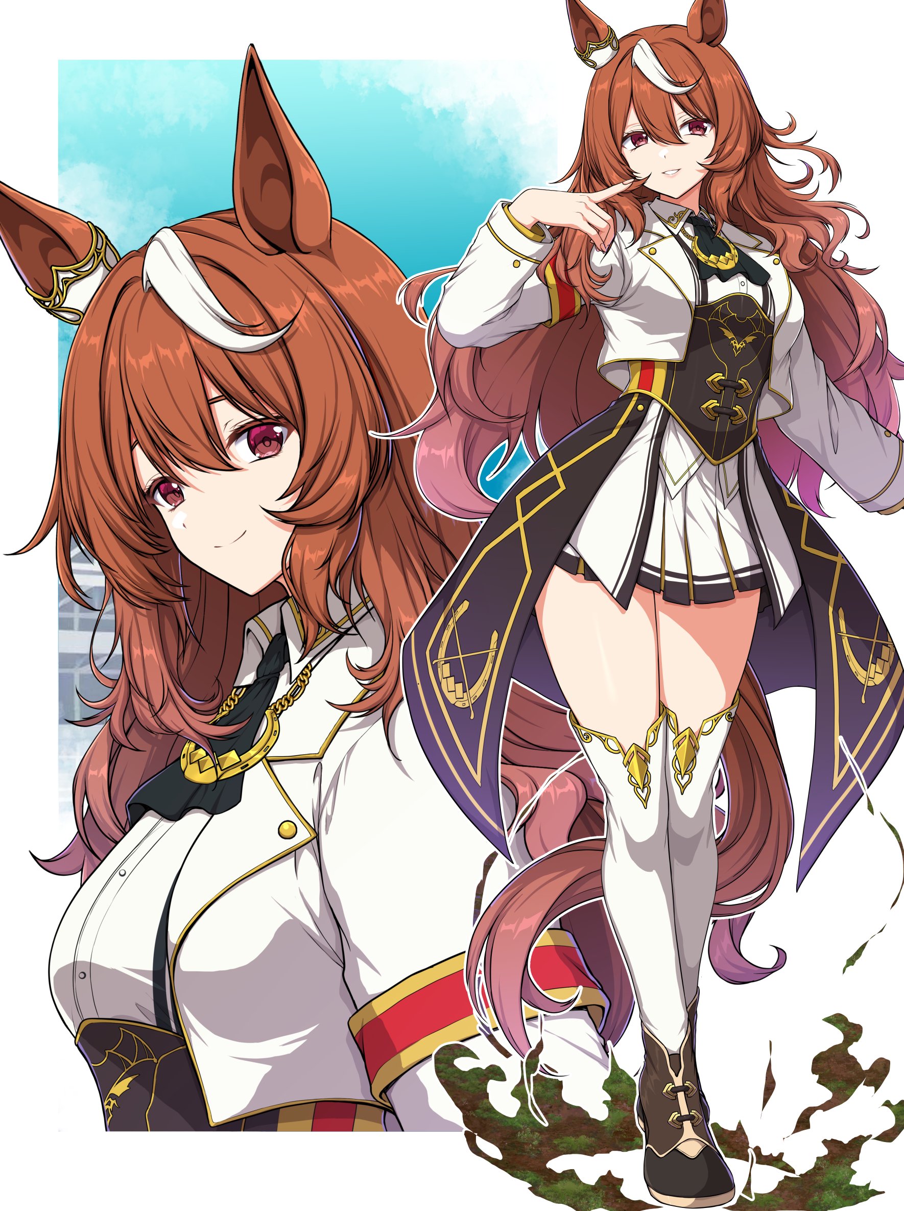 sheita, original, umamusume, commentary, commission, english commentary, highres, vgen commission, 1girl, animal ears, ascot, black ascot, black corset, breasts, brown hair, closed mouth, collared shirt, corset, hair between eyes, hair ornament, horse ears, horse girl, horse tail, jacket, long hair, long sleeves, looking at viewer, multicolored hair, open clothes, open jacket, parted lips, red eyes, shirt, shoes, skirt, smile, streaked hair, tail, thighhighs, white hair, white jacket, white shirt, white skirt, white thighhighs