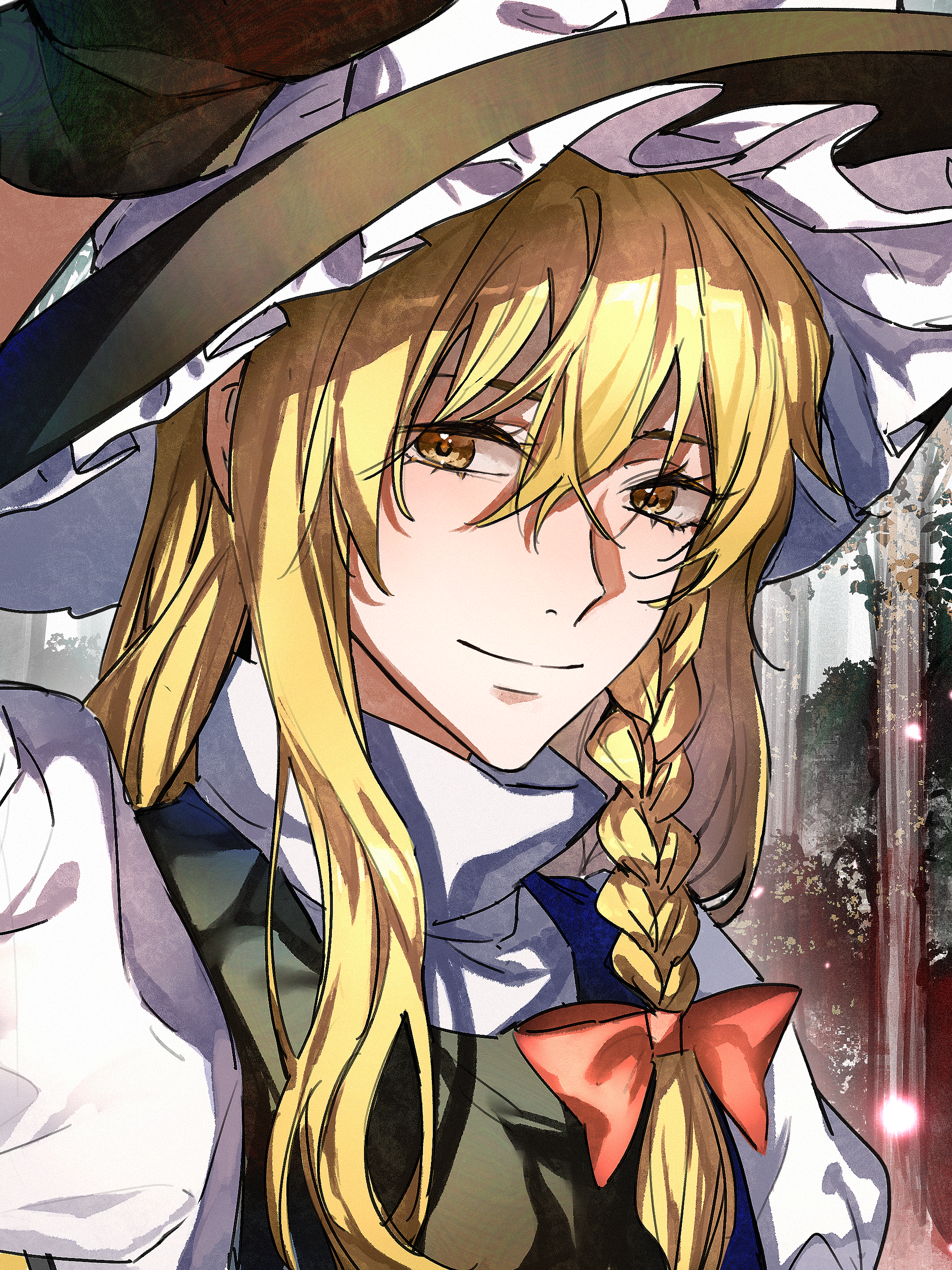 aihara-rina, kirisame marisa, touhou, absurdres, commentary request, highres, 1girl, black gloves, black hair, black vest, blonde hair, bow, braid, day, forest, gloves, hair bow, hand up, hat, hat bow, juliet sleeves, long sleeves, nature, pov, puffy sleeves, red bow, shirt, single braid, single sidelock, solo, tree, vest, white bow, white shirt, witch hat, yellow eyes