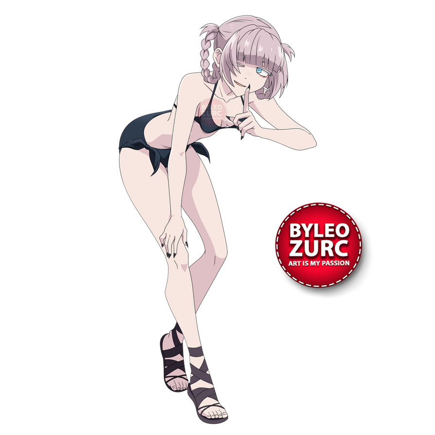 leozurcxxx, nanakusa nazuna (yofukashi no uta), yofukashi no uta, 1girl, black nails, blue eyes, short hair, solo, swimsuit, toes, transparent background, white hair