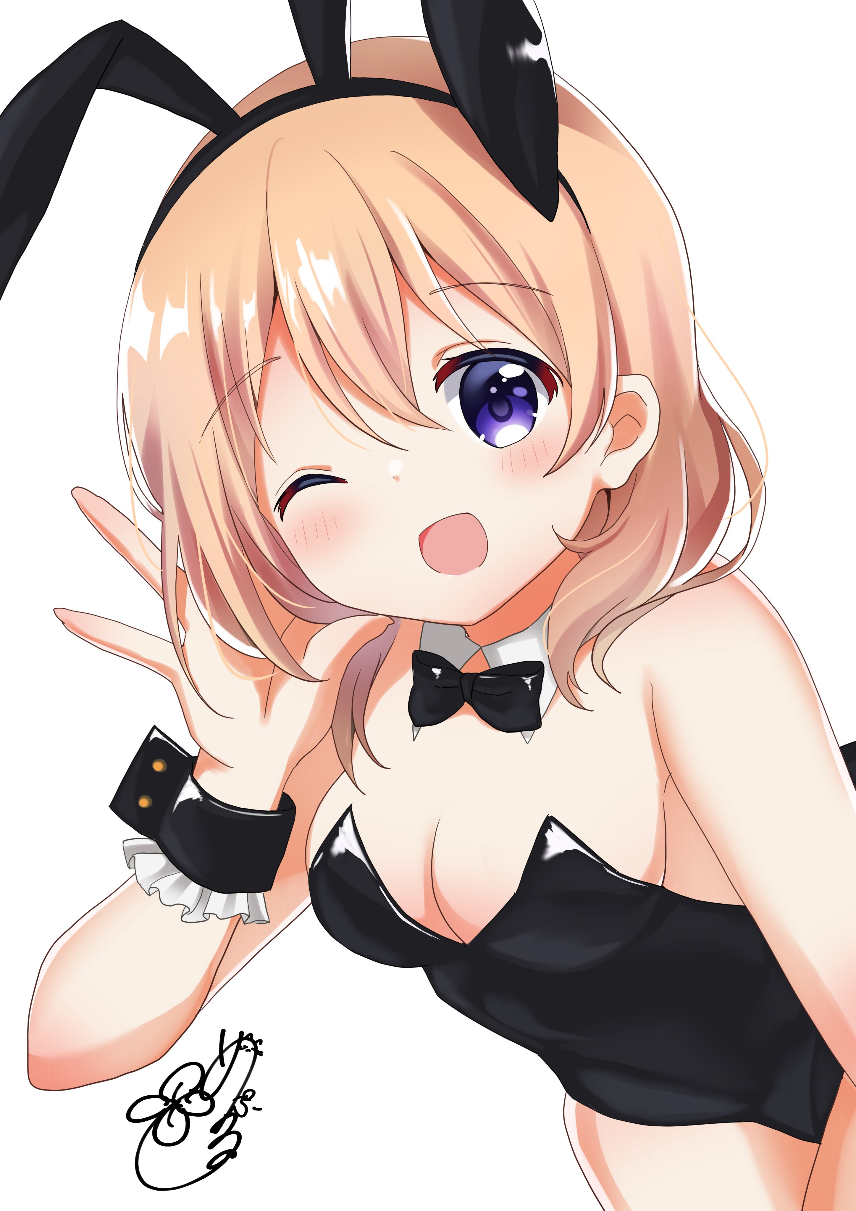 maple 0126, hoto cocoa, gochuumon wa usagi desu ka?, absurdres, commentary request, highres, animal ears, black leotard, black ribbon, blush, brown hair, leotard, playboy bunny, purple eyes, rabbit ears, ribbon, white background, wrist cuffs