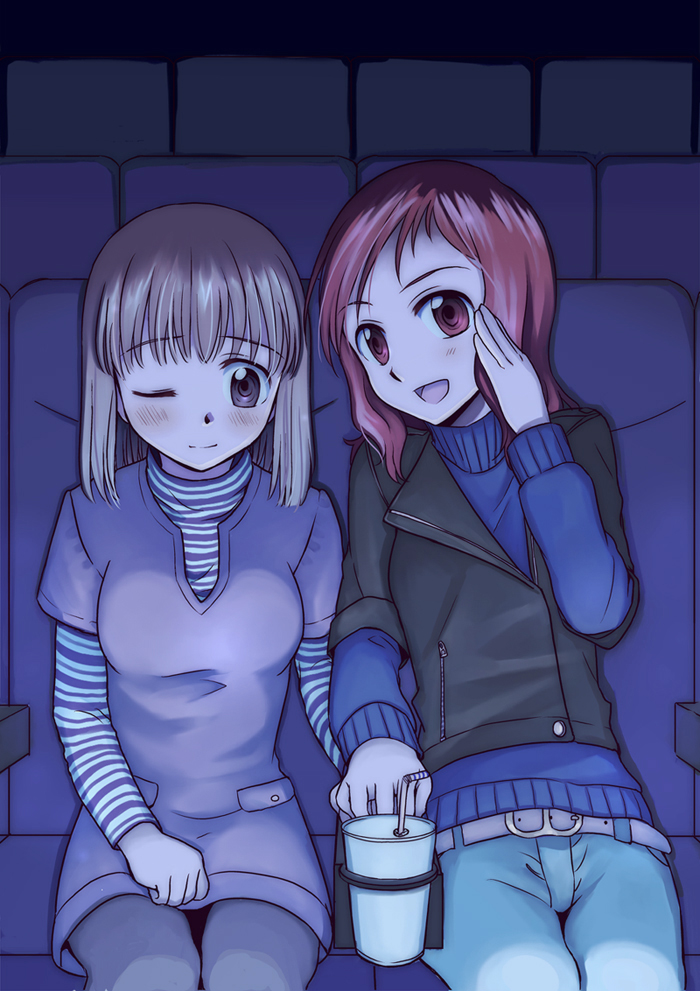 niina ryou, fukuji mihoko, takei hisa, saki (manga), bad id, bad pixiv id, 00s, 2girls, blonde hair, blue eyes, blush, casual, cup, dating, drinking straw, holding hands, multiple girls, one eye closed, open mouth, pantyhose, red eyes, red hair, short hair, sitting, smile, theater, wink, yuri