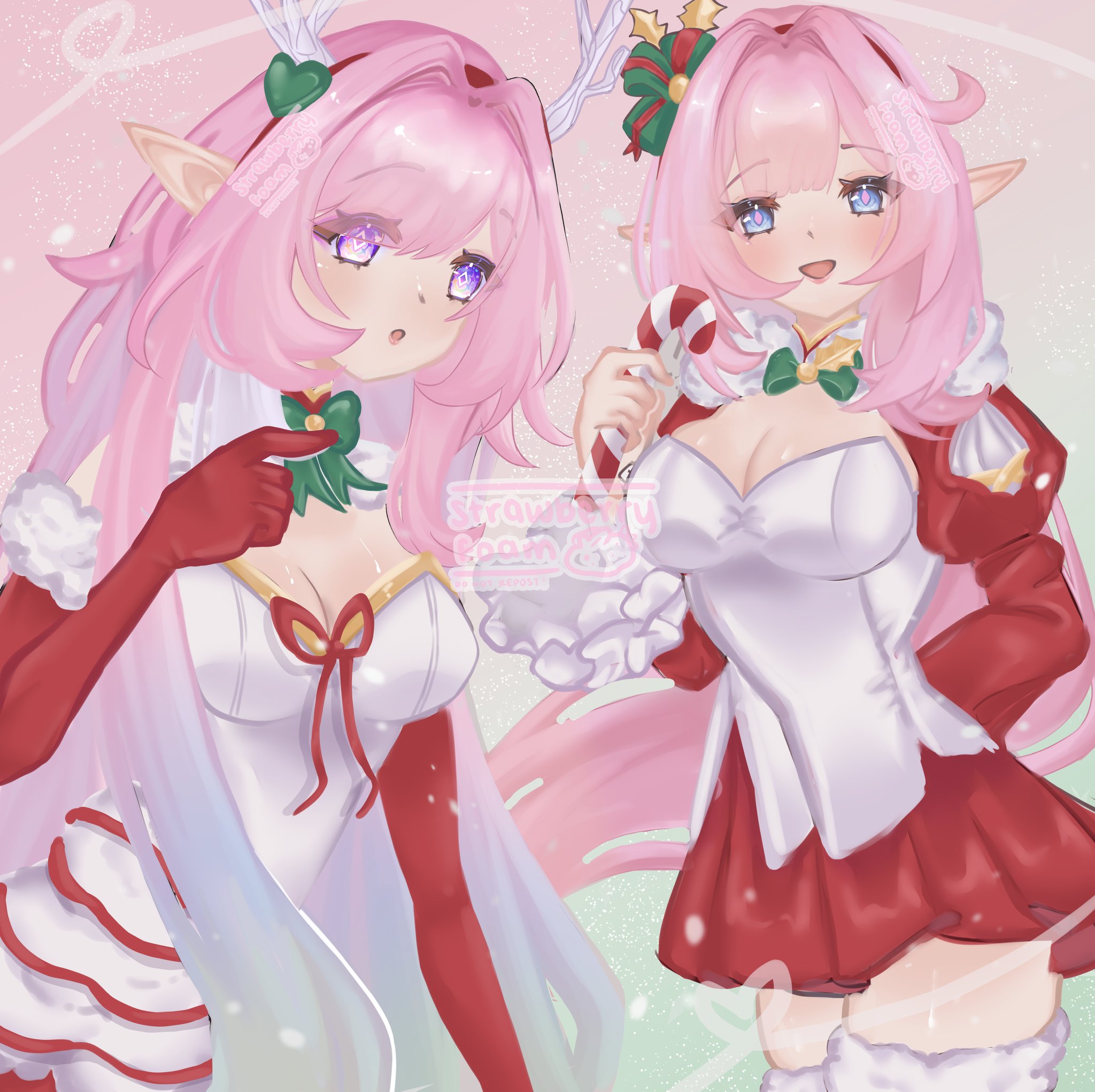 cyrene (demiurge) (honkai: star rail), cyrene (honkai: star rail), elysia (honkai impact), elysia (miss pink elf) (honkai impact), elysia (xmas cottage) (honkai impact), inoue marina, honkai: star rail, honkai (series), honkai impact 3rd, commentary, english commentary, highres, 2girls, :o, blue eyes, breasts, candy, candy cane, cleavage, color connection, company connection, diamond-shaped pupils, diamond (shape), dress, elf, food, hair color connection, hair intakes, hair ornament, heart, heart hair ornament, holding, holding candy, holding candy cane, holding food, large breasts, long hair, multiple girls, official alternate costume, pink background, pink hair, pointy ears, purple eyes, red skirt, shirt, skirt, smile, strawberry foam, symbol-shaped pupils, thighhighs, thighs, very long hair, voice actor connection, white dress, white shirt, white thighhighs, yanning, zettai ryouiki