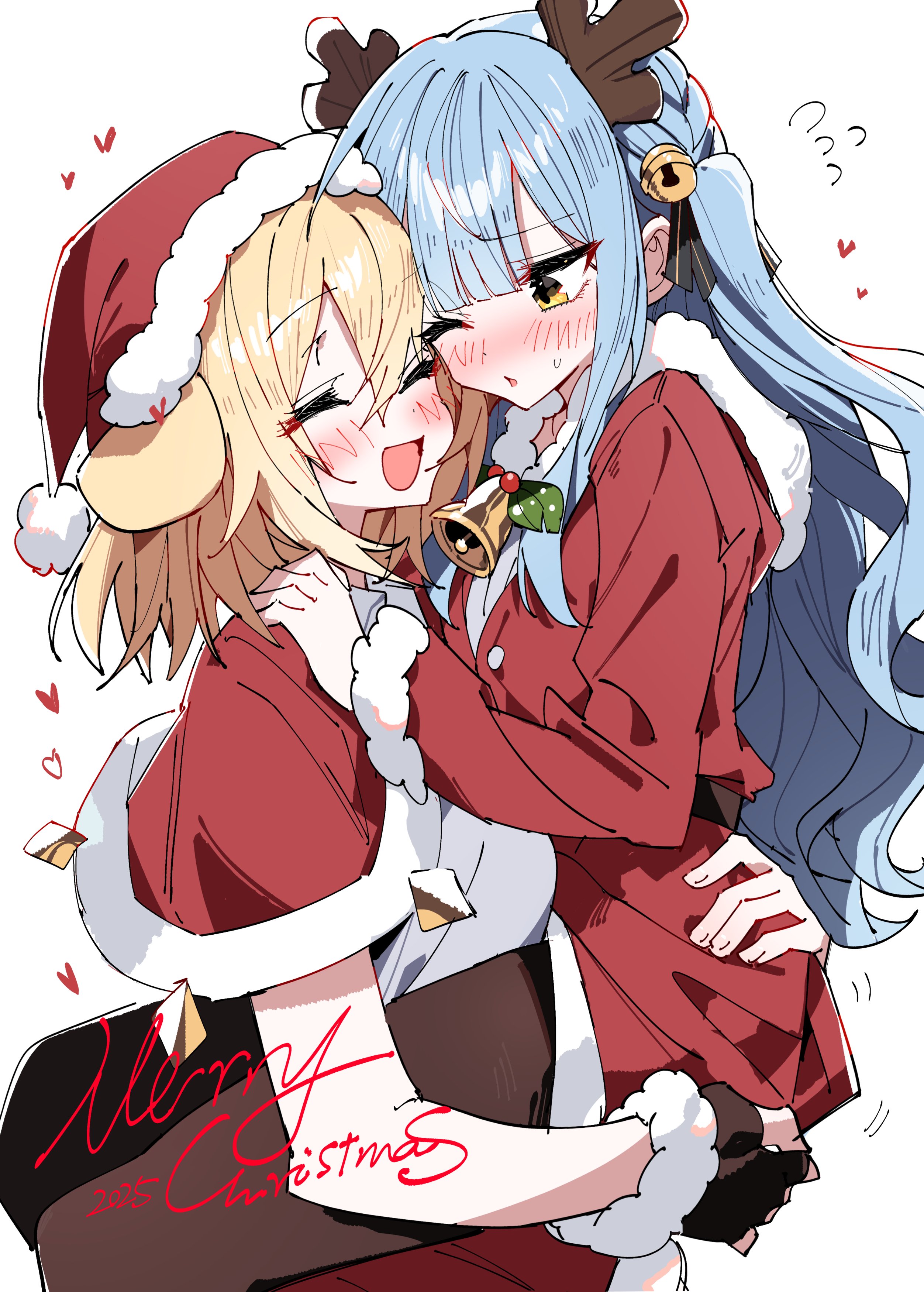 zhanzhangzlw, misumi uika, togawa sakiko, bang dream!, bang dream! it's mygo!!!!!, absurdres, commentary, highres, symbol-only commentary, translation request, 2girls, black pantyhose, blonde hair, blue hair, blush, breasts, capelet, dress, hair between eyes, hat, heart, hug, long hair, medium hair, merry christmas, multiple girls, one eye closed, open mouth, pantyhose, red capelet, red dress, red hat, santa hat, sidelocks, simple background, white background, yellow eyes