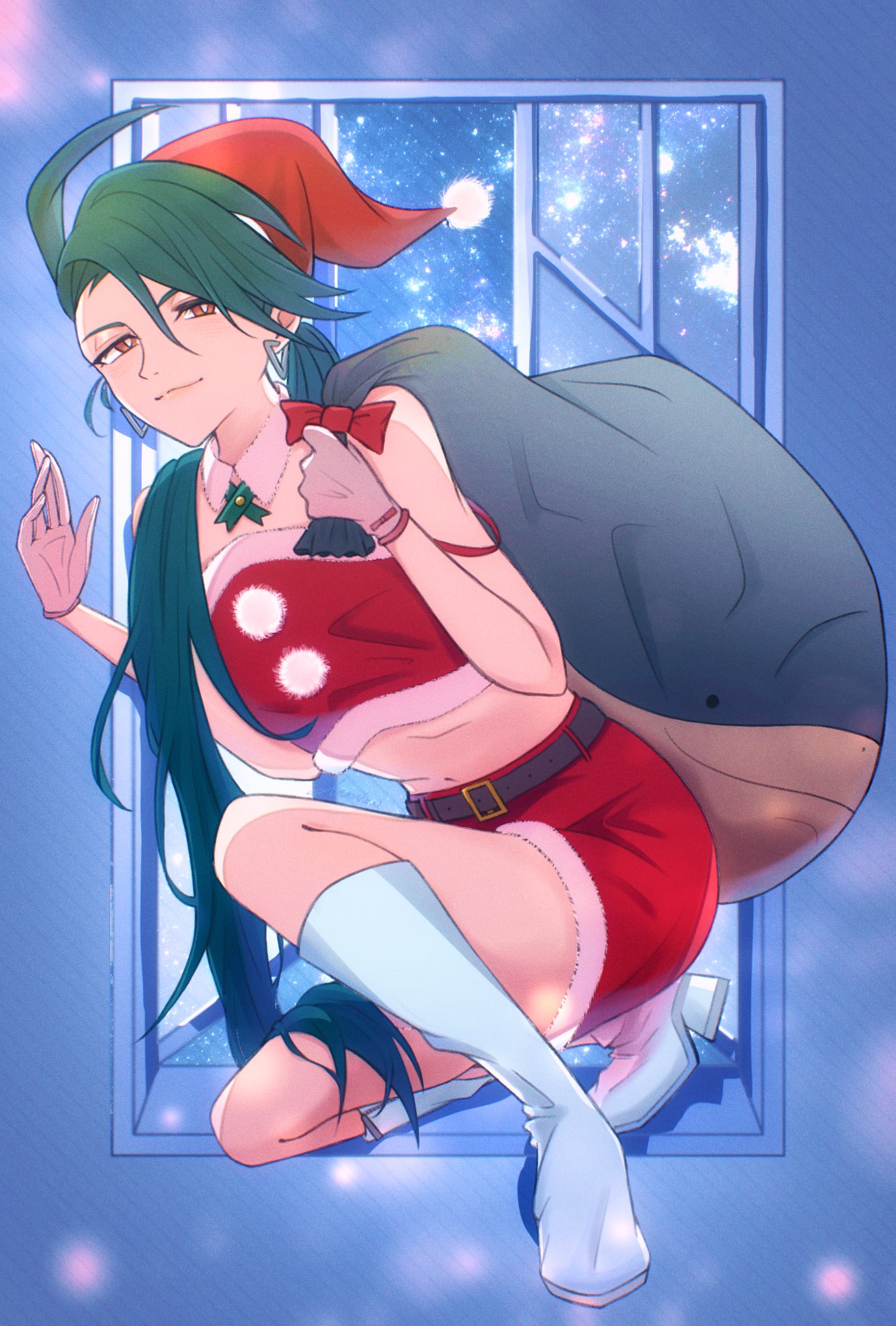 marin sub1, rika (pokemon), nintendo, pokemon, pokemon sv, commentary request, highres, 1girl, ahoge, androgynous, bag, bare shoulders, block heels, boots, bright pupils, brown gloves, crop top, detached collar, ear piercing, earrings, fur-trimmed skirt, fur trim, gloves, green hair, half-closed eyes, hat, holding, holding bag, jewelry, knee boots, kneeling, midriff, piercing, ponytail, red eyes, red skirt, reverse trap, santa costume, santa hat, skirt, strapless, triangle earrings, white boots, white pupils, white trim