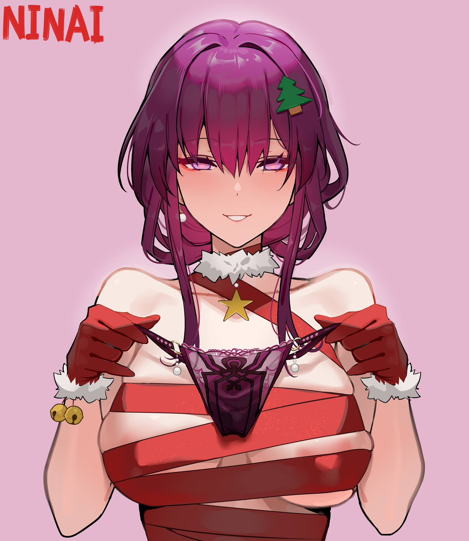 ninai, kafka (honkai: star rail), honkai: star rail, honkai (series), commentary, highres, symbol-only commentary, christmas, dress, fur-trimmed dress, fur-trimmed gloves, fur trim, gloves, holding, holding underwear, holding unworn clothes, lace, lace-trimmed panties, lace trim, looking at viewer, panties, purple eyes, purple hair, red dress, red gloves, santa costume, santa dress, smile, underwear